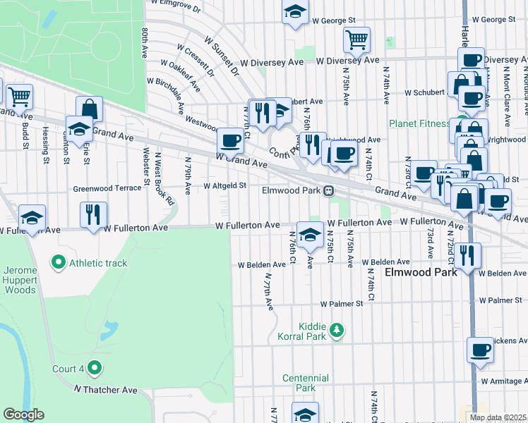 map of restaurants, bars, coffee shops, grocery stores, and more near 2404 North 77th Avenue in Elmwood Park