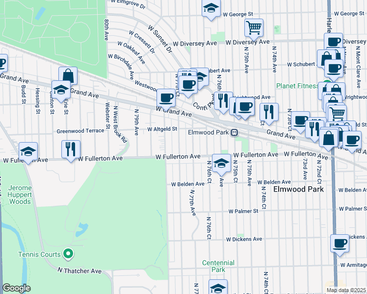 map of restaurants, bars, coffee shops, grocery stores, and more near 2404 North 77th Avenue in Elmwood Park