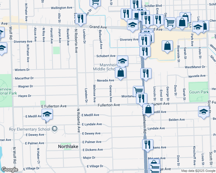 map of restaurants, bars, coffee shops, grocery stores, and more near 10601 Altgeld Street in Melrose Park