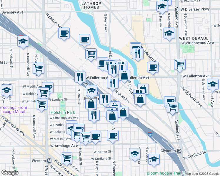 map of restaurants, bars, coffee shops, grocery stores, and more near 2336 North Damen Avenue in Chicago