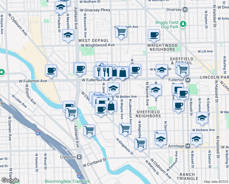 map of restaurants, bars, coffee shops, grocery stores, and more near 2311 North Southport Avenue in Chicago
