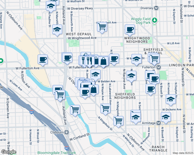map of restaurants, bars, coffee shops, grocery stores, and more near 2311 North Southport Avenue in Chicago