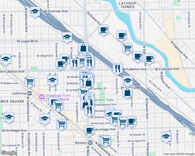 map of restaurants, bars, coffee shops, grocery stores, and more near in Chicago