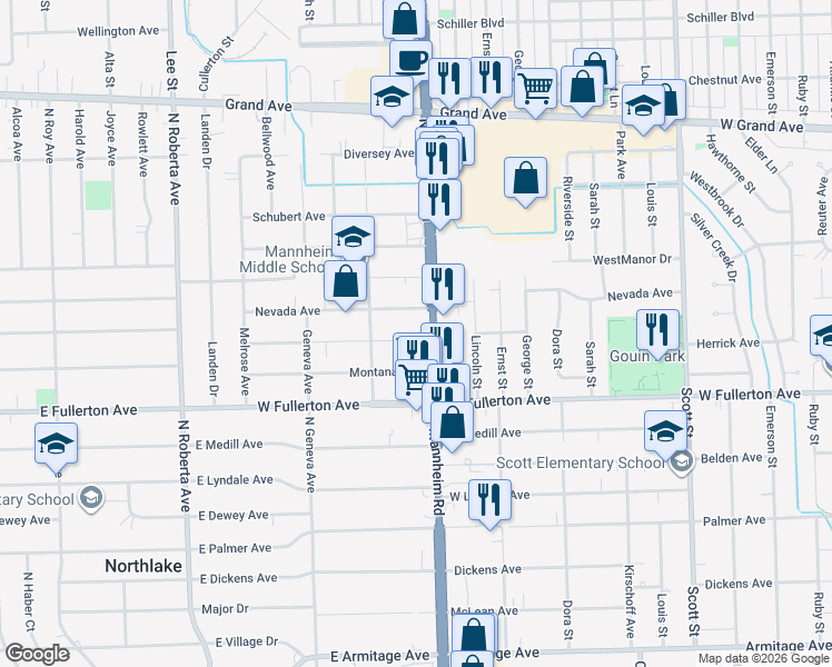 map of restaurants, bars, coffee shops, grocery stores, and more near 2506 Mannheim Road in Franklin Park