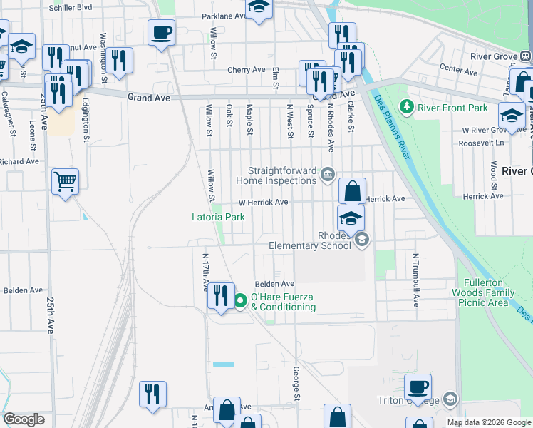 map of restaurants, bars, coffee shops, grocery stores, and more near 2428 Elm Street in River Grove