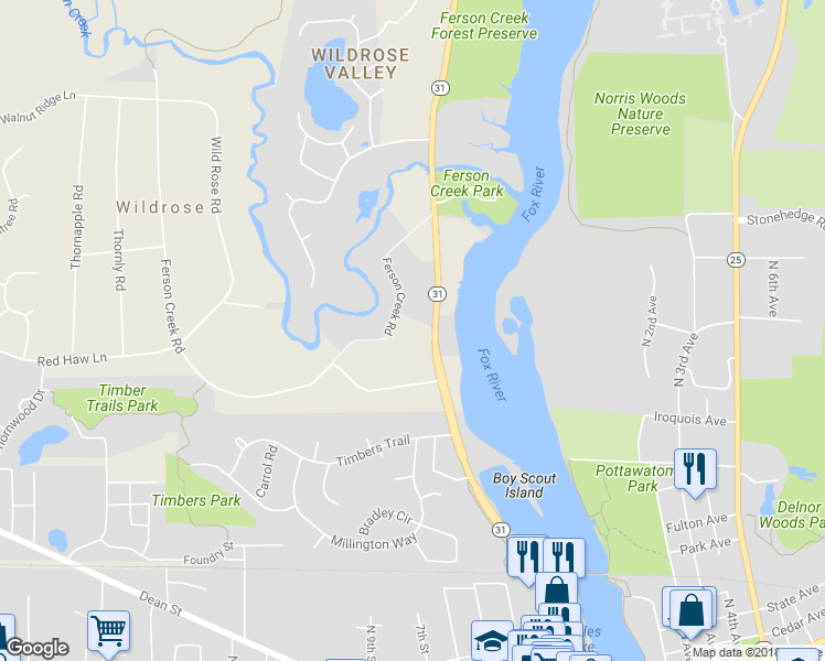 map of restaurants, bars, coffee shops, grocery stores, and more near 3N772 Highway 31 in Saint Charles