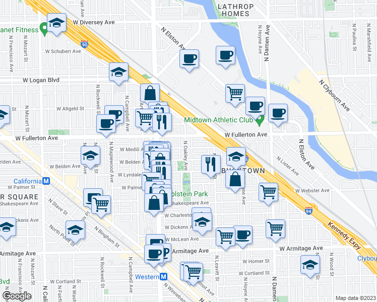 map of restaurants, bars, coffee shops, grocery stores, and more near 2317 North Oakley Avenue in Chicago