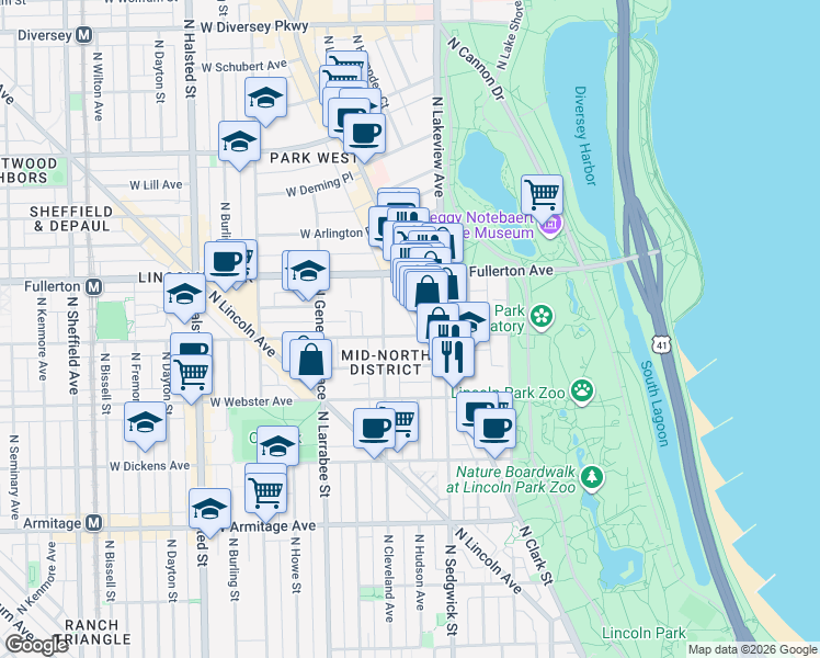 map of restaurants, bars, coffee shops, grocery stores, and more near 434 West Belden Avenue in Chicago