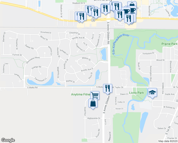 map of restaurants, bars, coffee shops, grocery stores, and more near 1260 Knolls Avenue South in DeKalb
