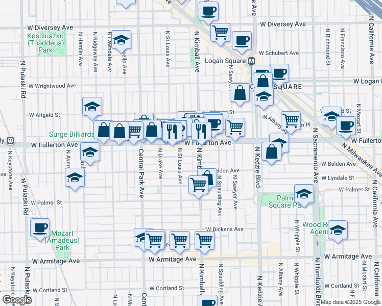 map of restaurants, bars, coffee shops, grocery stores, and more near 3413 West Medill Avenue in Chicago