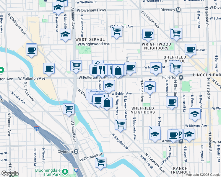 map of restaurants, bars, coffee shops, grocery stores, and more near 2319 North Southport Avenue in Chicago