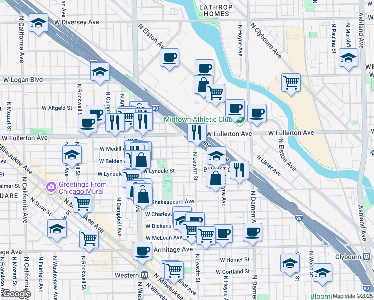 map of restaurants, bars, coffee shops, grocery stores, and more near 2215 West Medill Avenue in Chicago