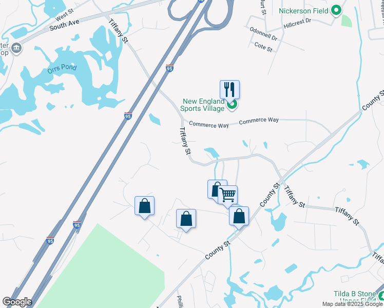 map of restaurants, bars, coffee shops, grocery stores, and more near 499 Tiffany Street in Attleboro