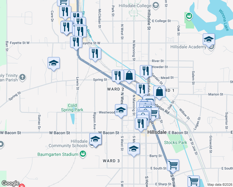 map of restaurants, bars, coffee shops, grocery stores, and more near 82 North West Street in Hillsdale