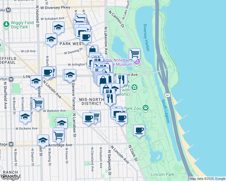 map of restaurants, bars, coffee shops, grocery stores, and more near 401 West Belden Avenue in Chicago