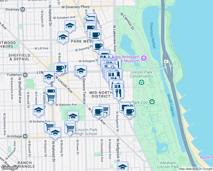 map of restaurants, bars, coffee shops, grocery stores, and more near 431 West Belden Avenue in Chicago