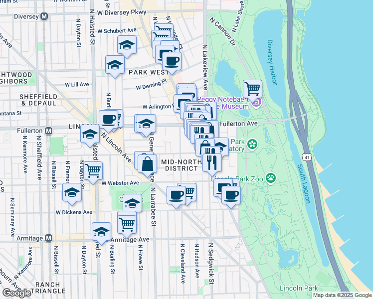 map of restaurants, bars, coffee shops, grocery stores, and more near 437 West Belden Avenue in Chicago