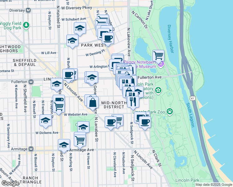 map of restaurants, bars, coffee shops, grocery stores, and more near 437 West Belden Avenue in Chicago