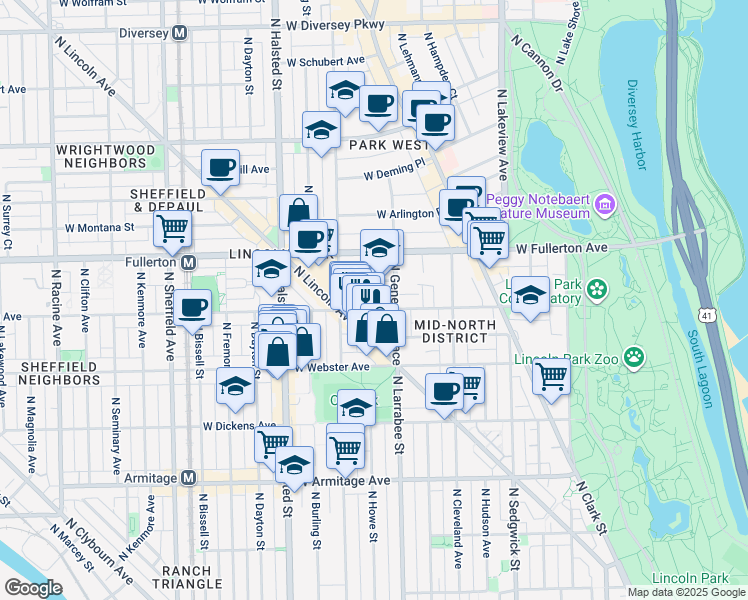 map of restaurants, bars, coffee shops, grocery stores, and more near 629 West Belden Avenue in Chicago