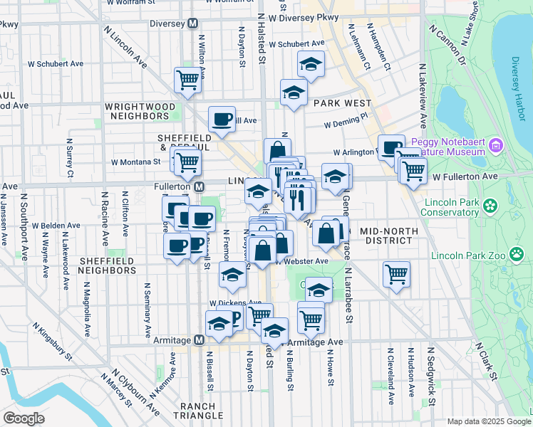 map of restaurants, bars, coffee shops, grocery stores, and more near 743 West Belden Avenue in Chicago
