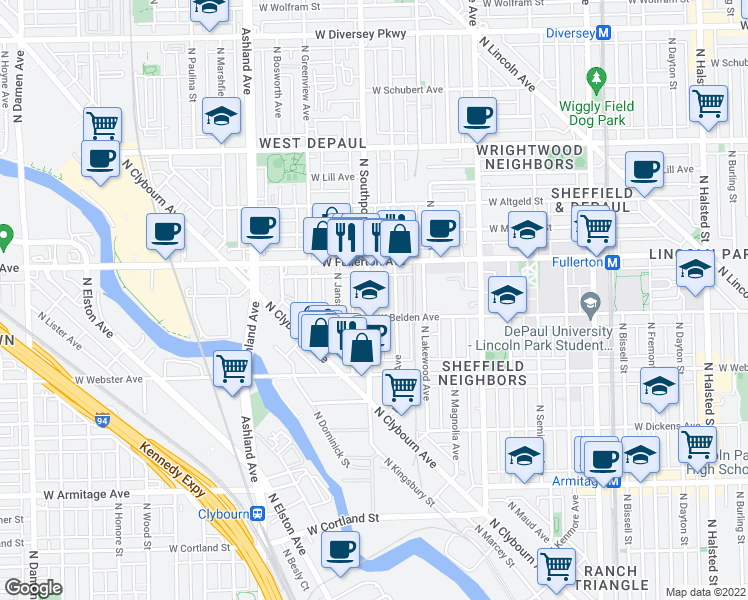 map of restaurants, bars, coffee shops, grocery stores, and more near 2311 North Southport Avenue in Chicago