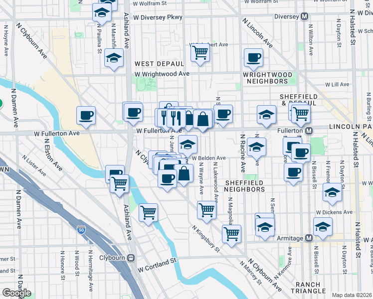 map of restaurants, bars, coffee shops, grocery stores, and more near 2311 North Southport Avenue in Chicago