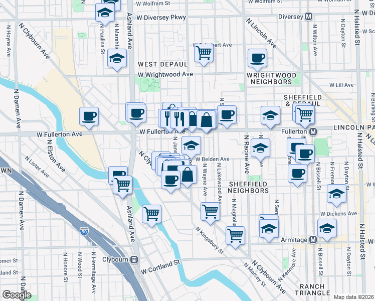 map of restaurants, bars, coffee shops, grocery stores, and more near 2311 North Southport Avenue in Chicago