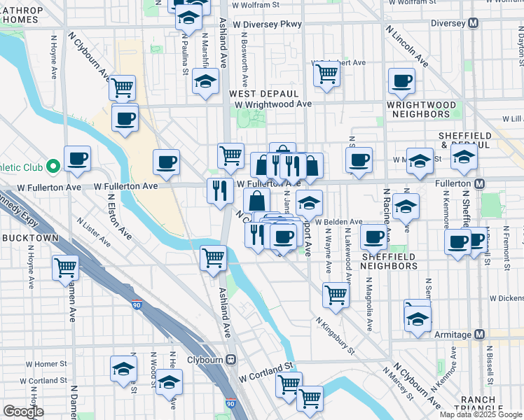 map of restaurants, bars, coffee shops, grocery stores, and more near 2300 North Greenview Avenue in Chicago