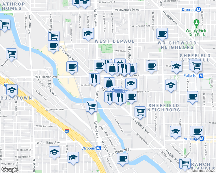 map of restaurants, bars, coffee shops, grocery stores, and more near 2300 North Greenview Avenue in Chicago