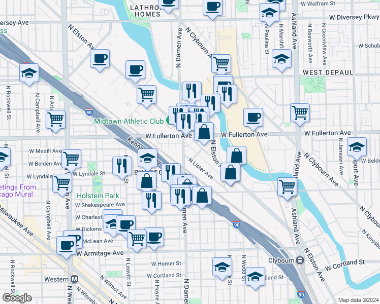 map of restaurants, bars, coffee shops, grocery stores, and more near 2320 North Damen Avenue in Chicago