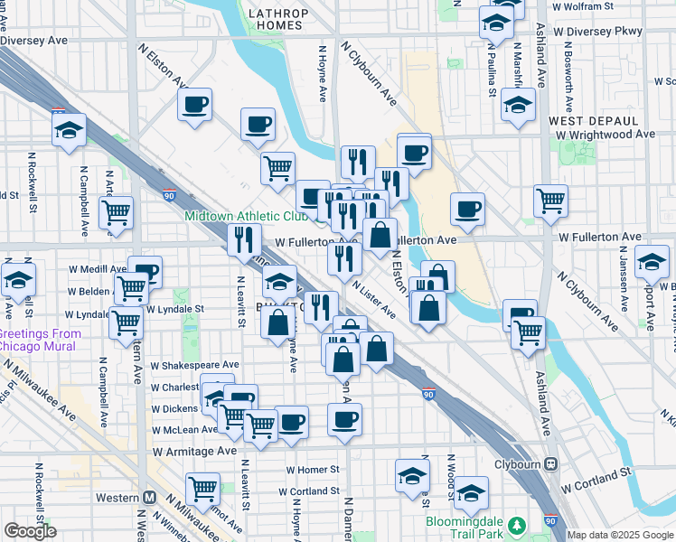 map of restaurants, bars, coffee shops, grocery stores, and more near 2320 North Damen Avenue in Chicago