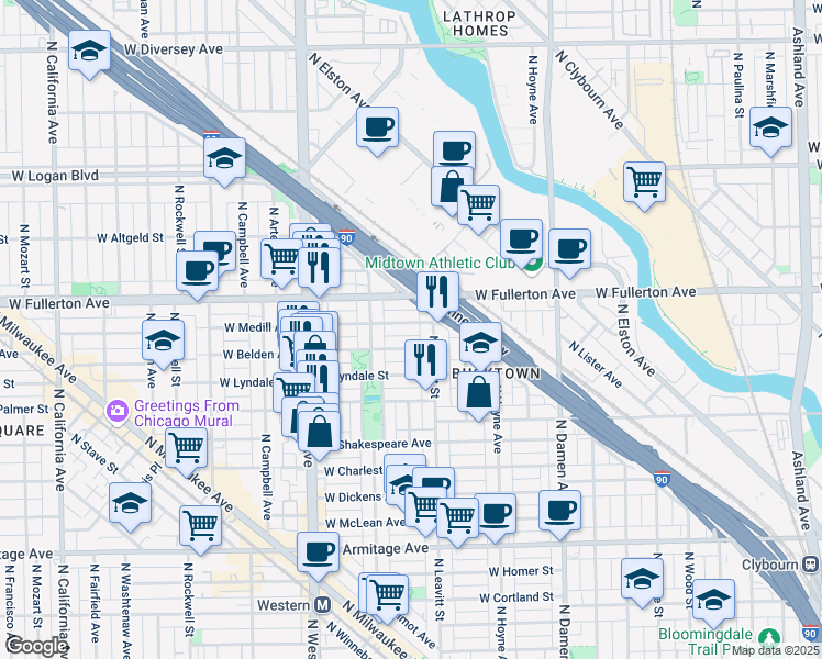 map of restaurants, bars, coffee shops, grocery stores, and more near 2232 West Belden Avenue in Chicago