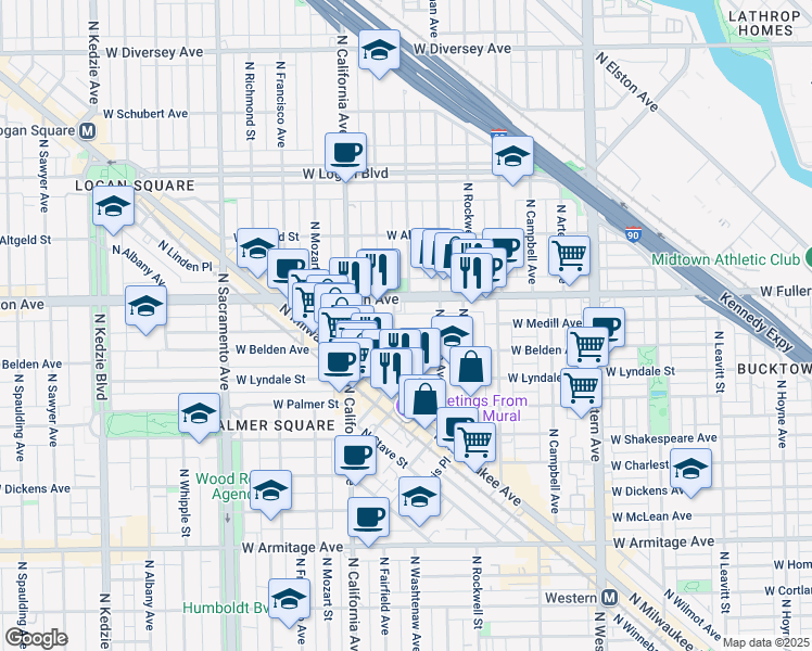 map of restaurants, bars, coffee shops, grocery stores, and more near 2641 West Medill Avenue in Chicago