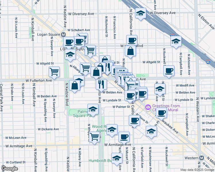 map of restaurants, bars, coffee shops, grocery stores, and more near 2910 West Belden Avenue in Chicago