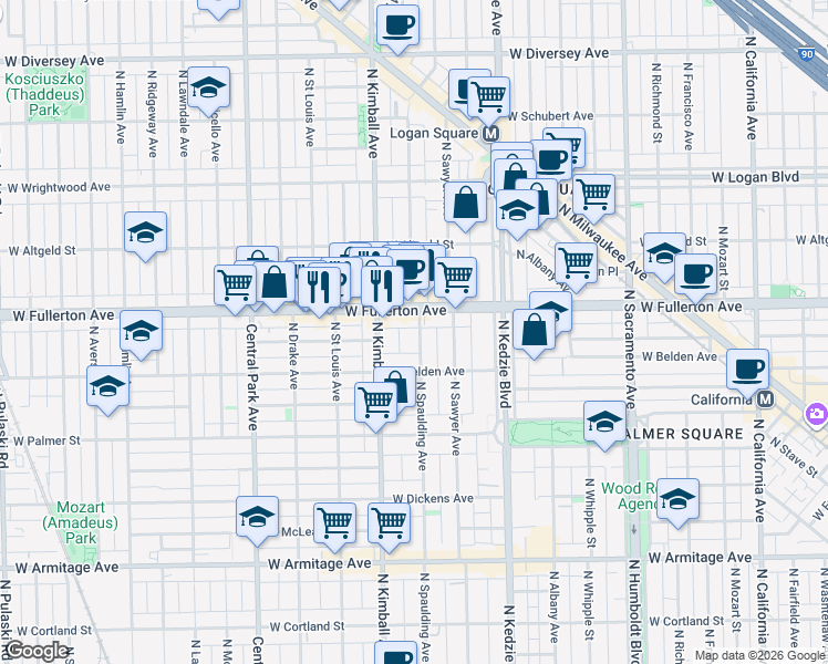 map of restaurants, bars, coffee shops, grocery stores, and more near 2322 North Spaulding Avenue in Chicago