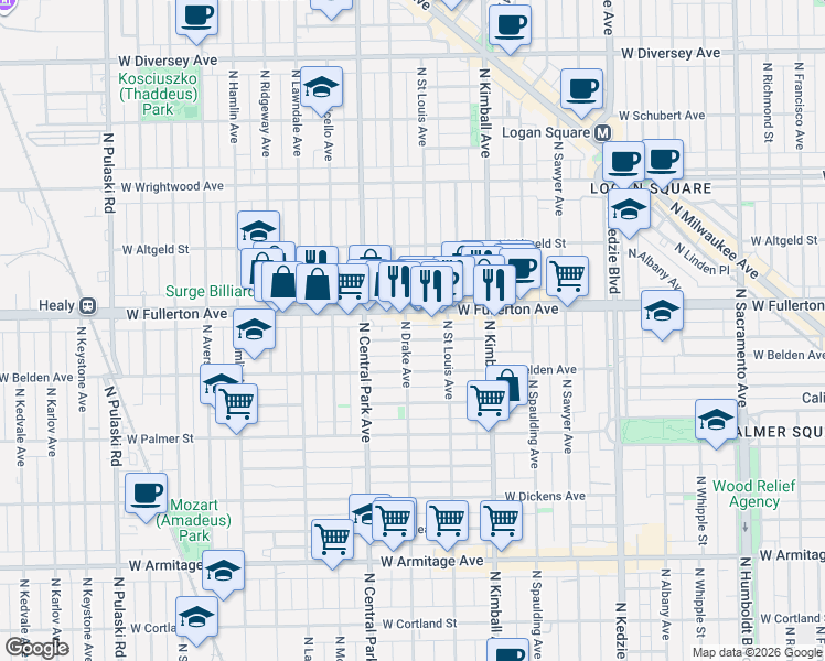 map of restaurants, bars, coffee shops, grocery stores, and more near 2322 North Drake Avenue in Chicago
