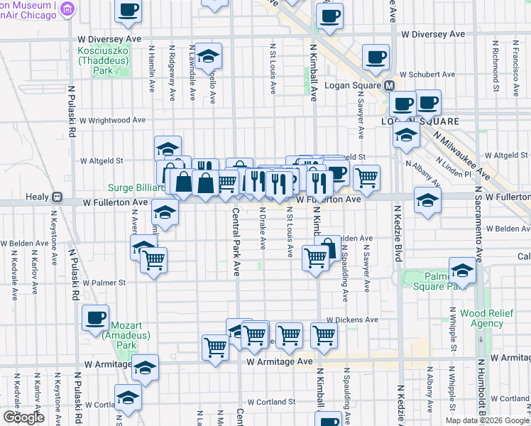 map of restaurants, bars, coffee shops, grocery stores, and more near 2322 North Drake Avenue in Chicago