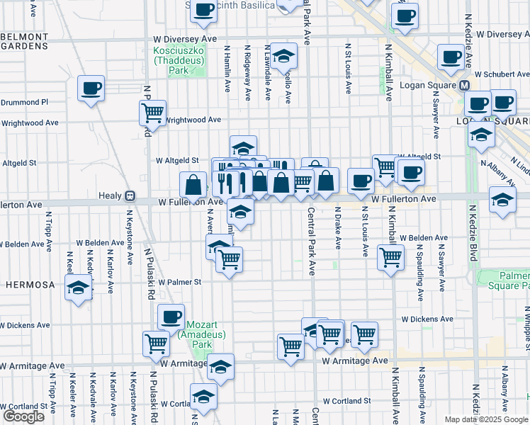 map of restaurants, bars, coffee shops, grocery stores, and more near 2327 North Ridgeway Avenue in Chicago