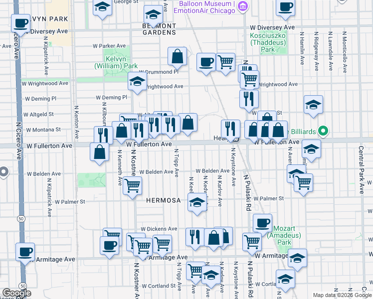 map of restaurants, bars, coffee shops, grocery stores, and more near 2326 North Keeler Avenue in Chicago