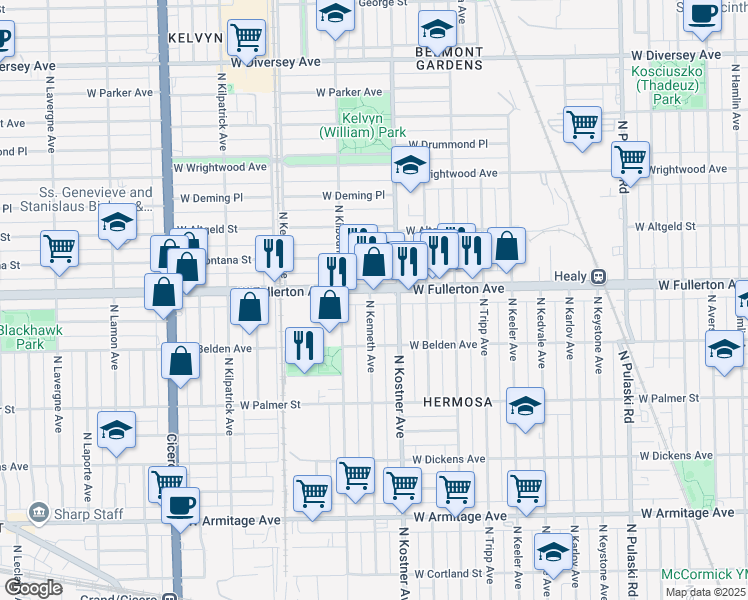 map of restaurants, bars, coffee shops, grocery stores, and more near 2330 North Kenneth Avenue in Chicago