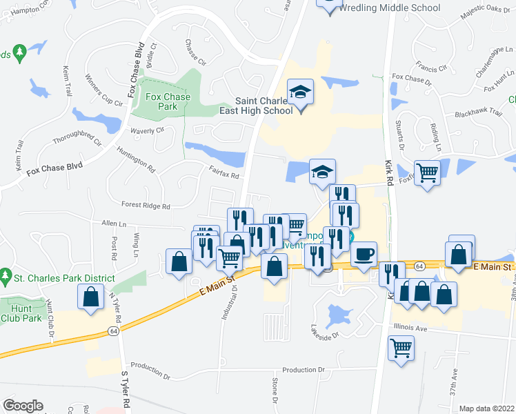 map of restaurants, bars, coffee shops, grocery stores, and more near 600 Dunham Road in St. Charles