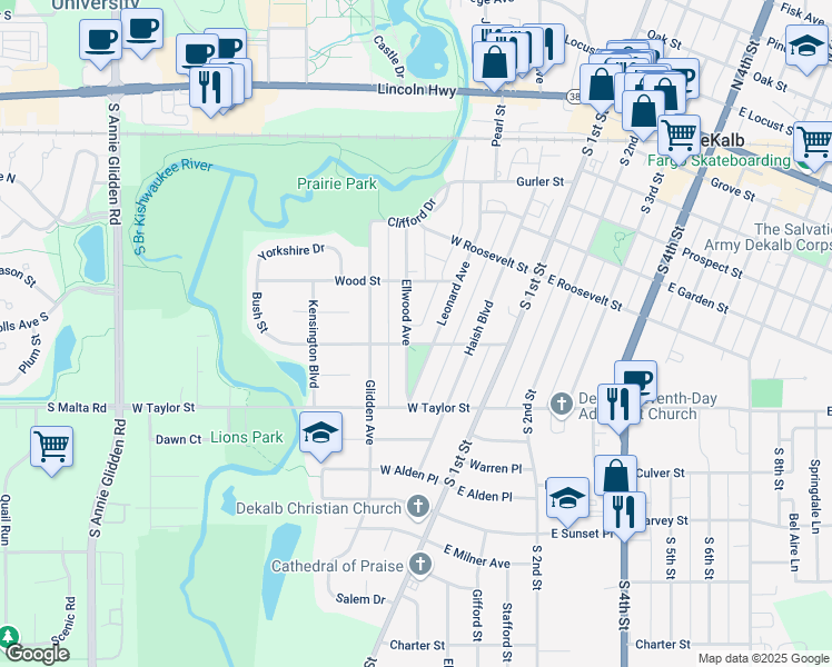 map of restaurants, bars, coffee shops, grocery stores, and more near 806 Leonard Avenue in DeKalb