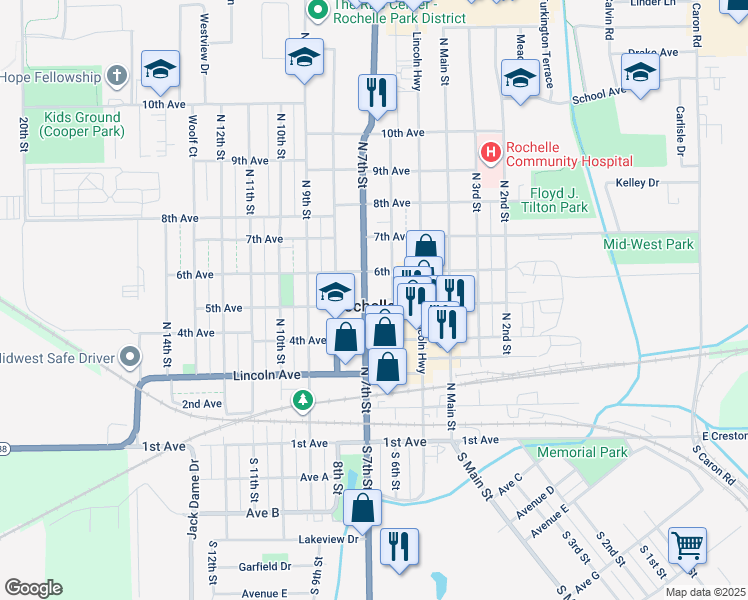 map of restaurants, bars, coffee shops, grocery stores, and more near in Rochelle