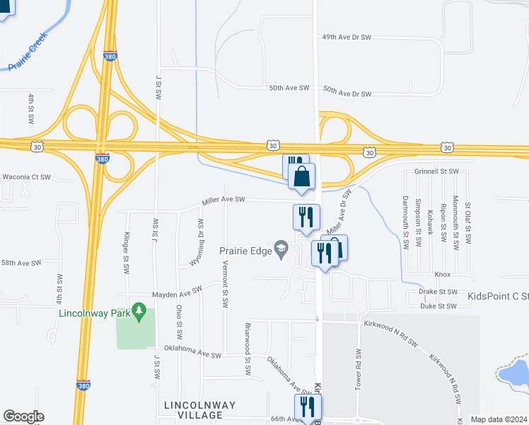 map of restaurants, bars, coffee shops, grocery stores, and more near 75 Miller Avenue Southwest in Cedar Rapids