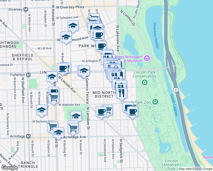 map of restaurants, bars, coffee shops, grocery stores, and more near 431 West Belden Avenue in Chicago