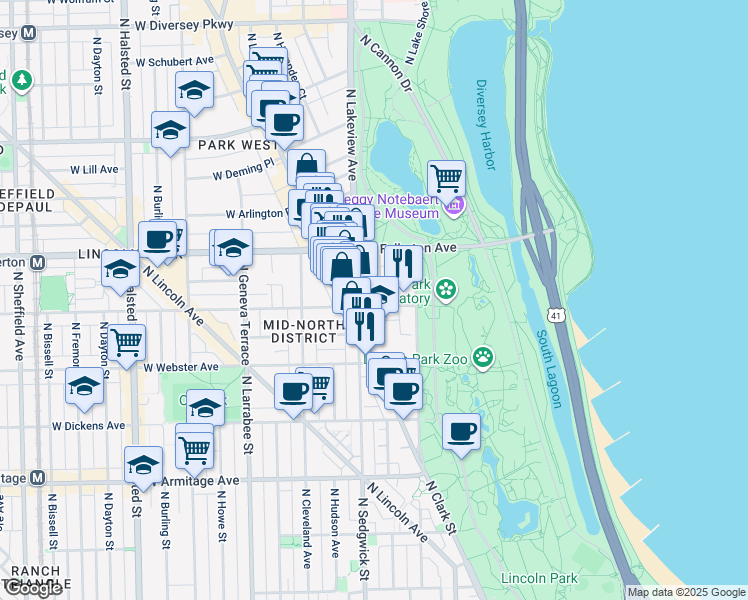 map of restaurants, bars, coffee shops, grocery stores, and more near 401 West Belden Avenue in Chicago