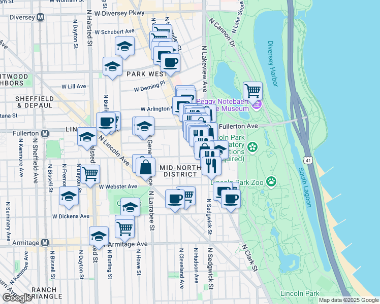 map of restaurants, bars, coffee shops, grocery stores, and more near 431 West Belden Avenue in Chicago