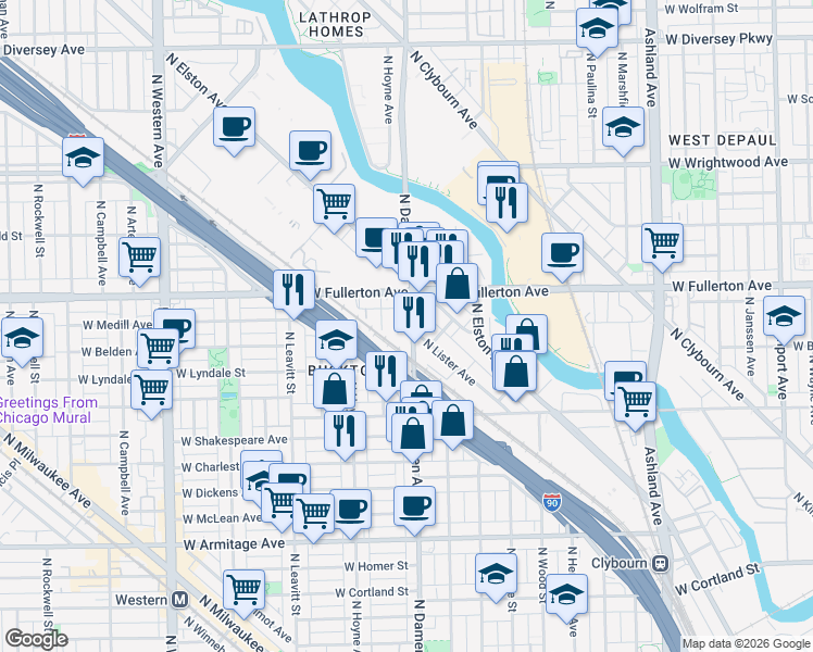 map of restaurants, bars, coffee shops, grocery stores, and more near 2340 North Damen Avenue in Chicago