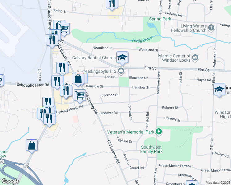 map of restaurants, bars, coffee shops, grocery stores, and more near 27 Jackson Street in Windsor Locks