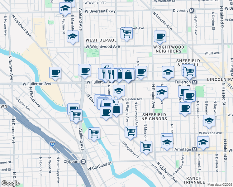 map of restaurants, bars, coffee shops, grocery stores, and more near 2311 North Southport Avenue in Chicago